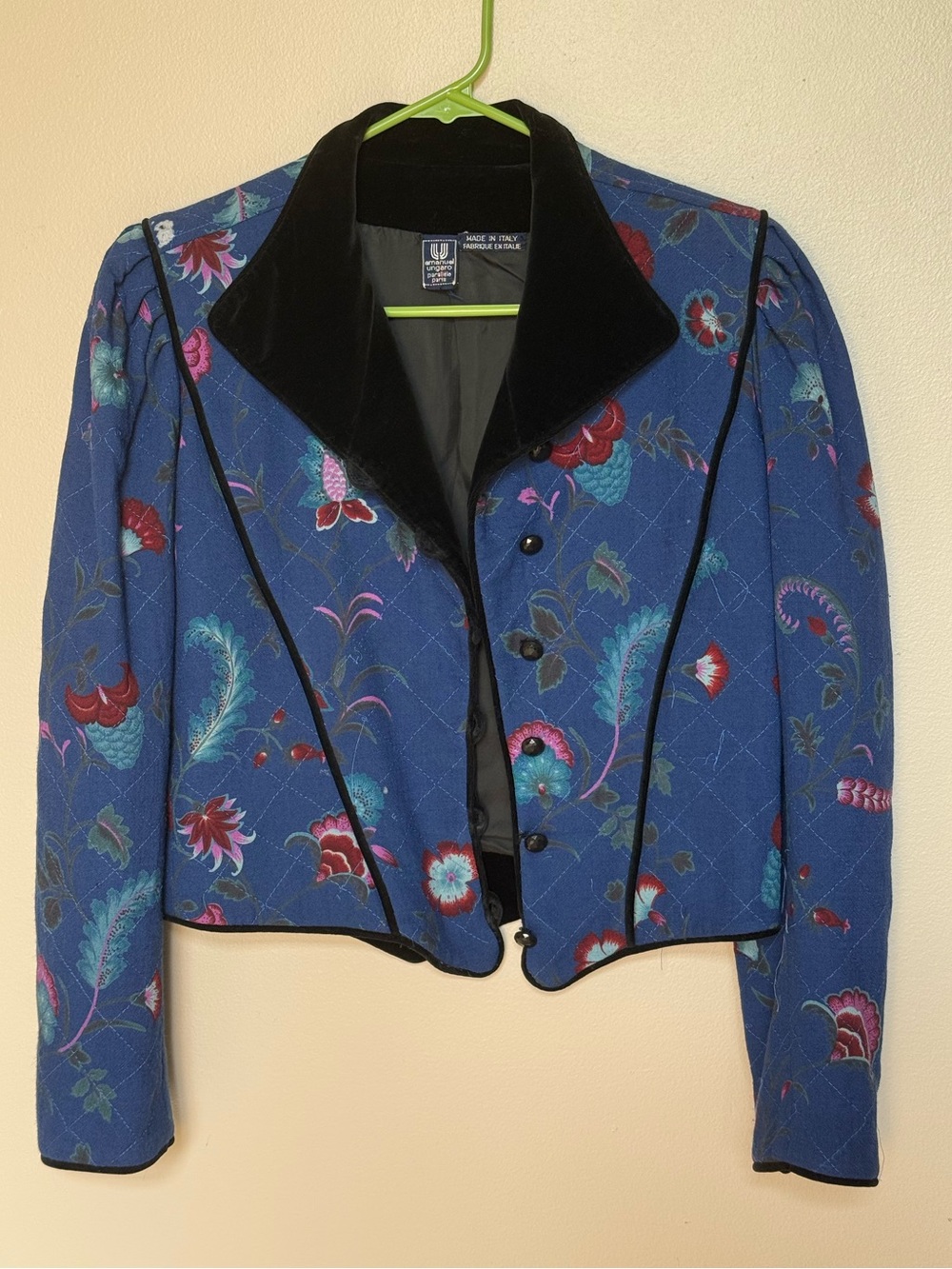 Emanuel Ungaro Parallèle Quilted Cropped Jacket Blue Floral Black Velvet Vintage